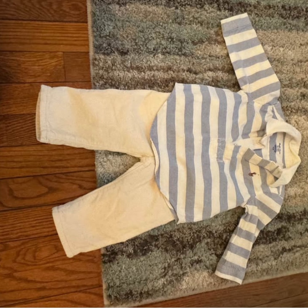 Ralph Lauren Blue and White Striped Shirt with Cream Pants